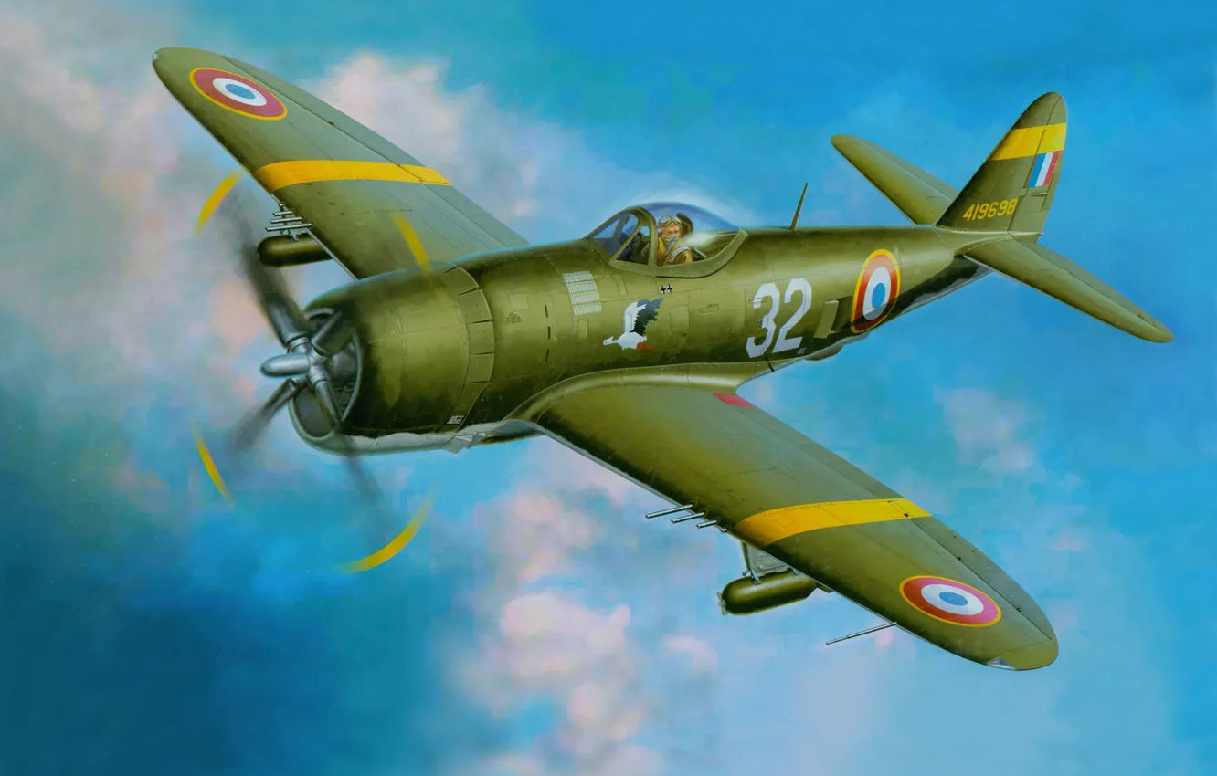 Photo wallpaper the sky, figure, art, attack, the plane, fighter-bomber, WW2, Ripablik P-47 "Thunderbolt"