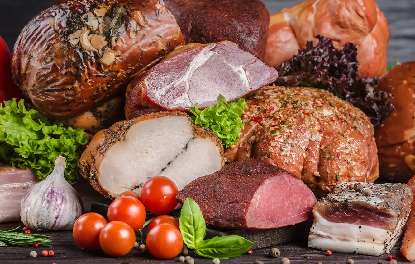 Photo wallpaper meat, tomatoes, spices, garlic, cuts, Basil, fat