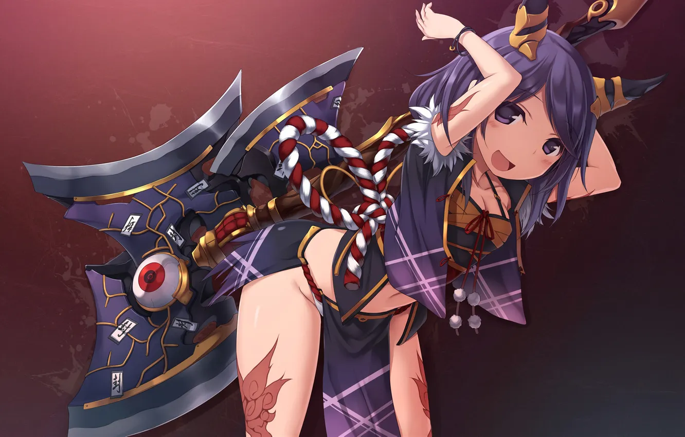 Photo wallpaper eyes, weapons, background, art, girl, horns, axe, Oka