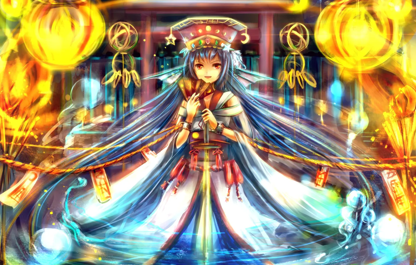 Photo wallpaper girl, joy, mood, magic, fan, lights, art, Sakura Ani