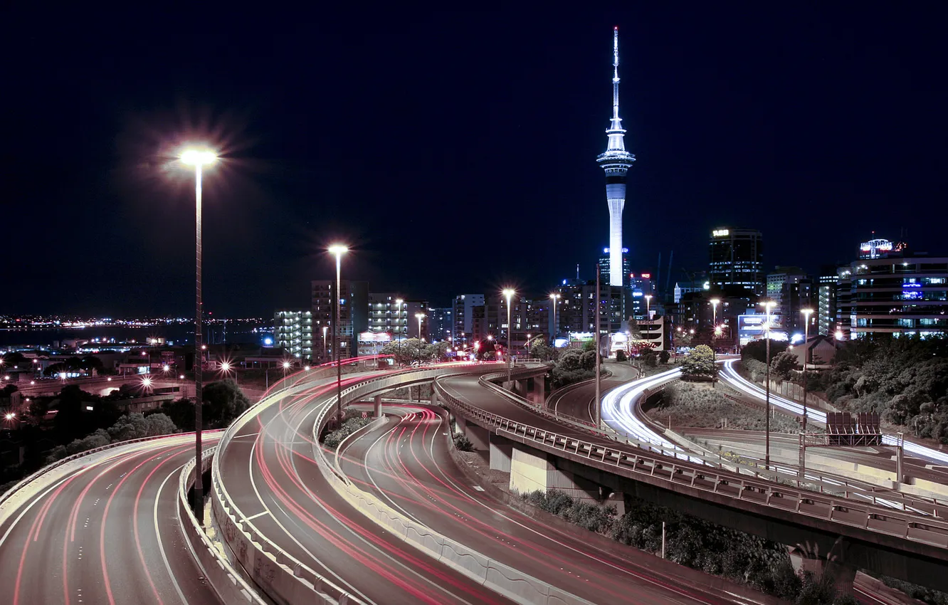 Photo wallpaper road, night, lights, New Zealand, Auckland, New Zealand, Auckland, night