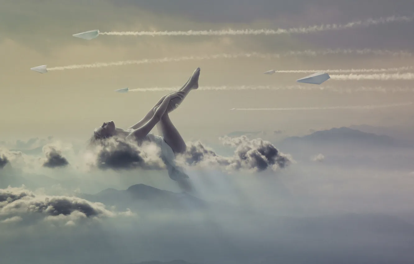 Photo wallpaper girl, clouds, creative, fantasy, paper planes