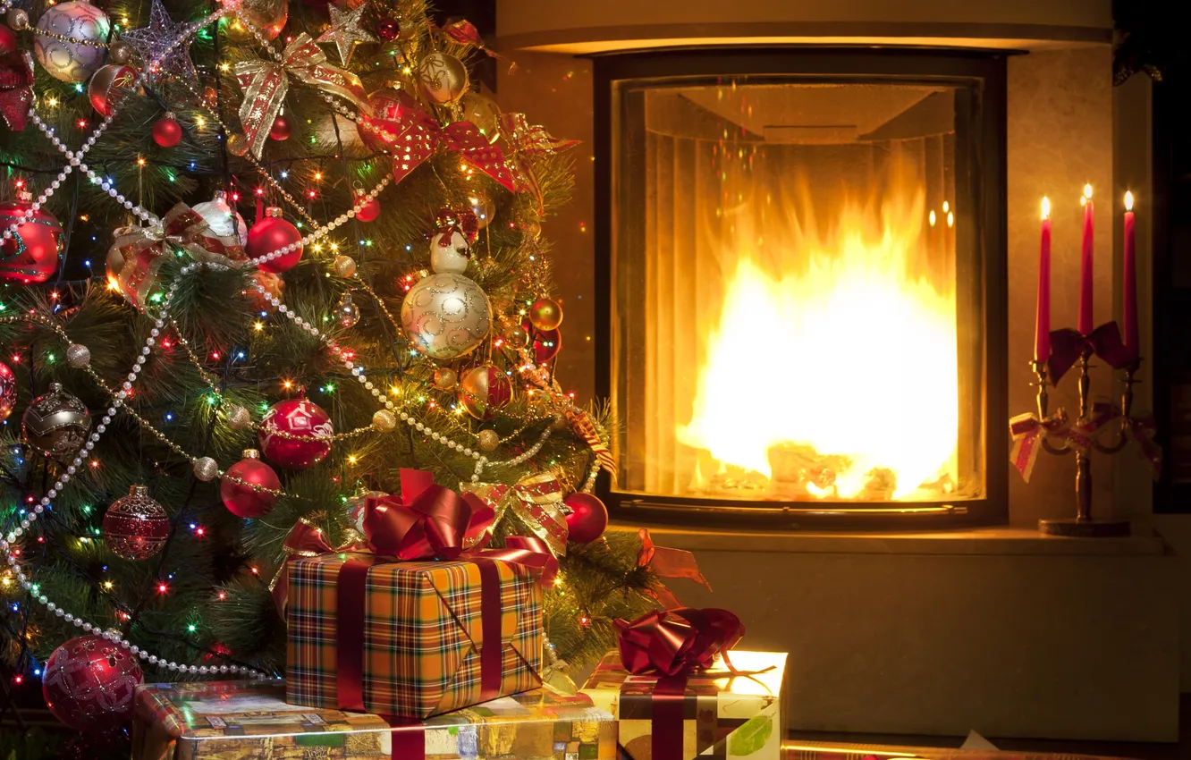 Photo wallpaper decoration, lights, lights, gift, balls, tree, candles, Christmas