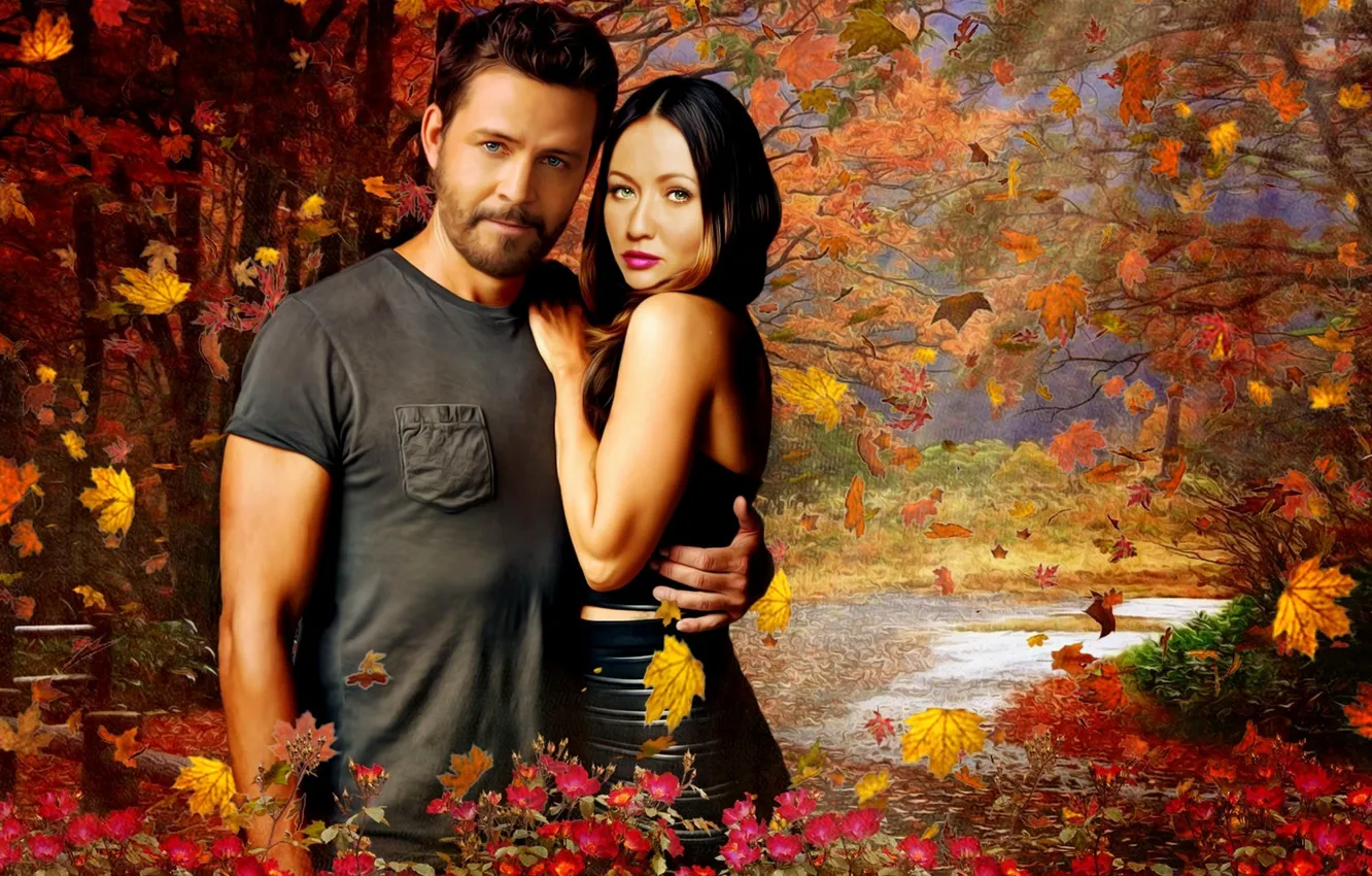 Photo wallpaper autumn, trees, pose, two, fan art, Charmed, Shannen Doherty, Shannen Doherty