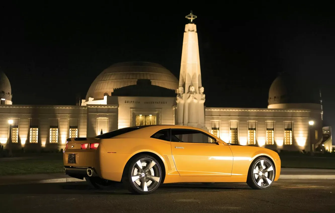 Photo wallpaper car, night, yellow, the building, Chevrolet, Camaro