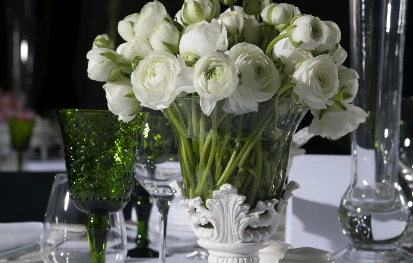Photo wallpaper flowers, table, tenderness, bouquet, vase, Ranunculus, serving