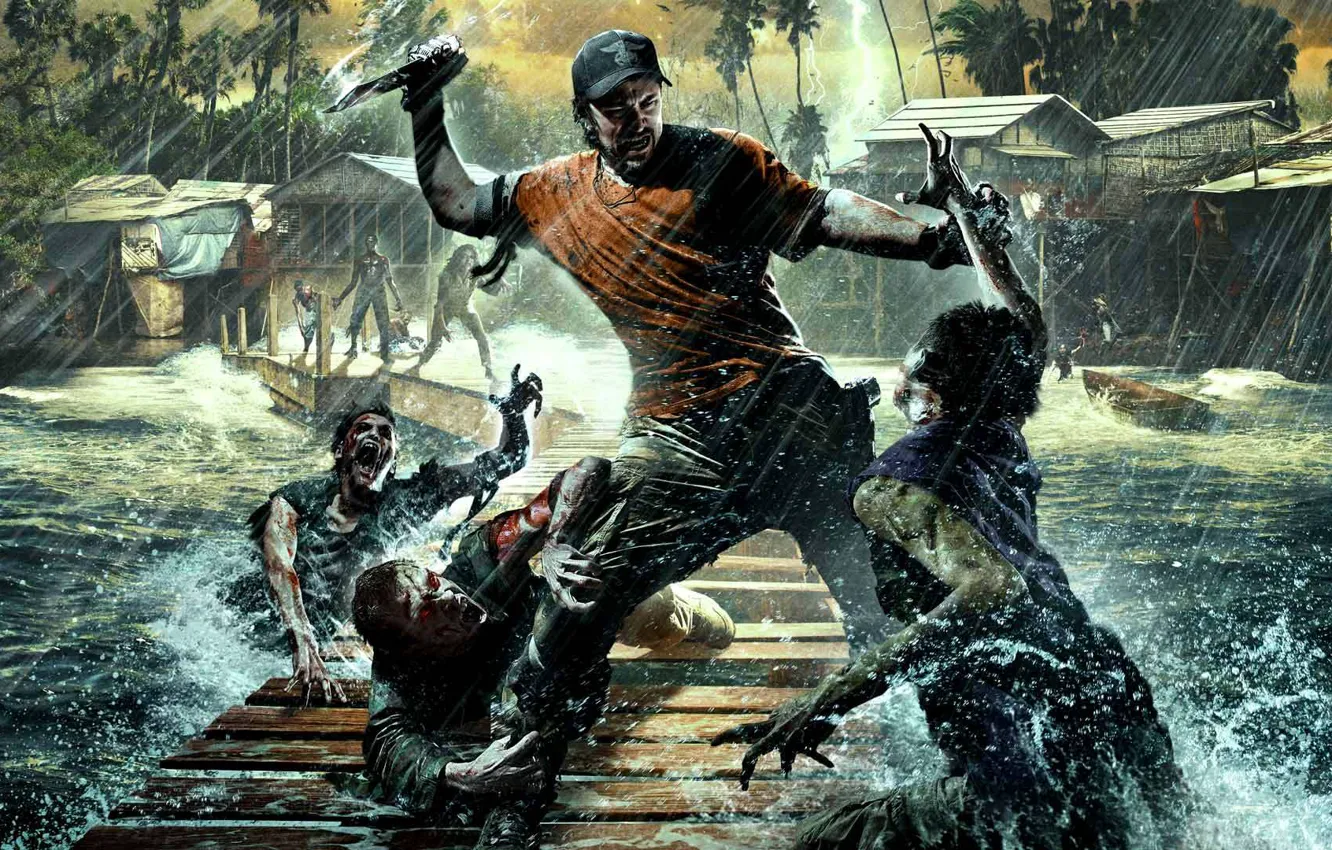 Photo wallpaper water, trees, palm trees, weapons, lightning, the situation, knife, zombies