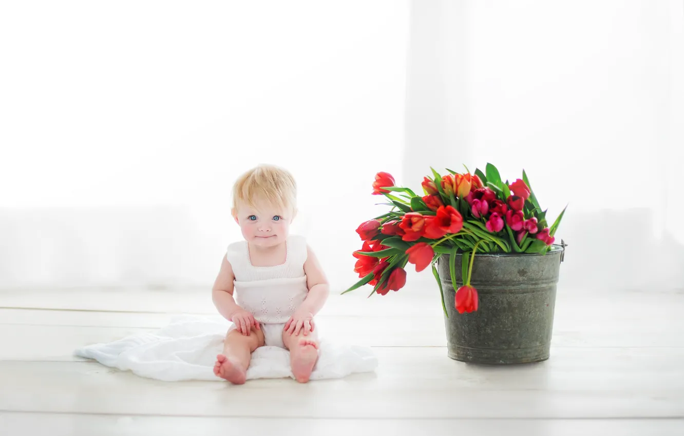 Photo wallpaper flowers, girl, bucket, tulips