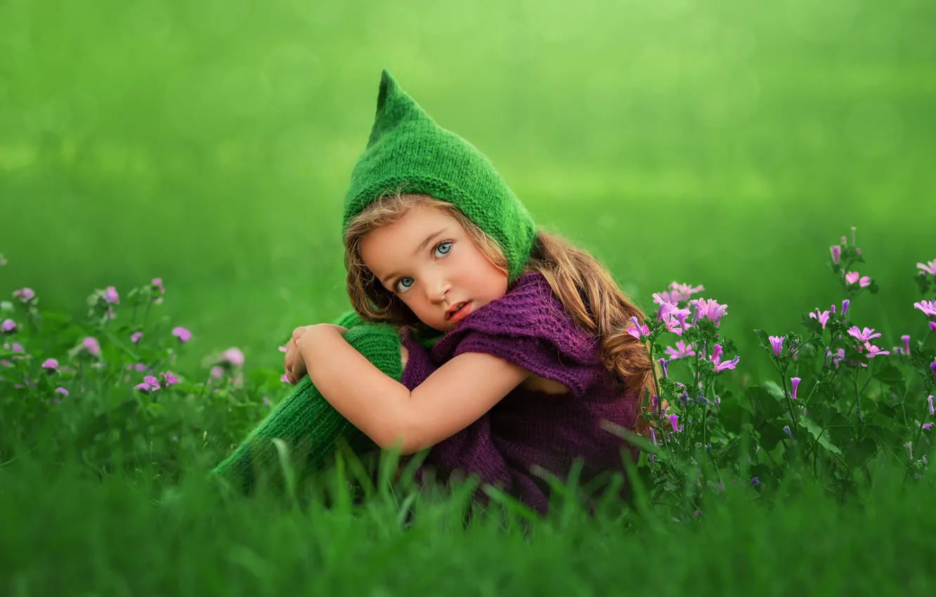 Photo wallpaper grass, look, flowers, blur, girl, cap