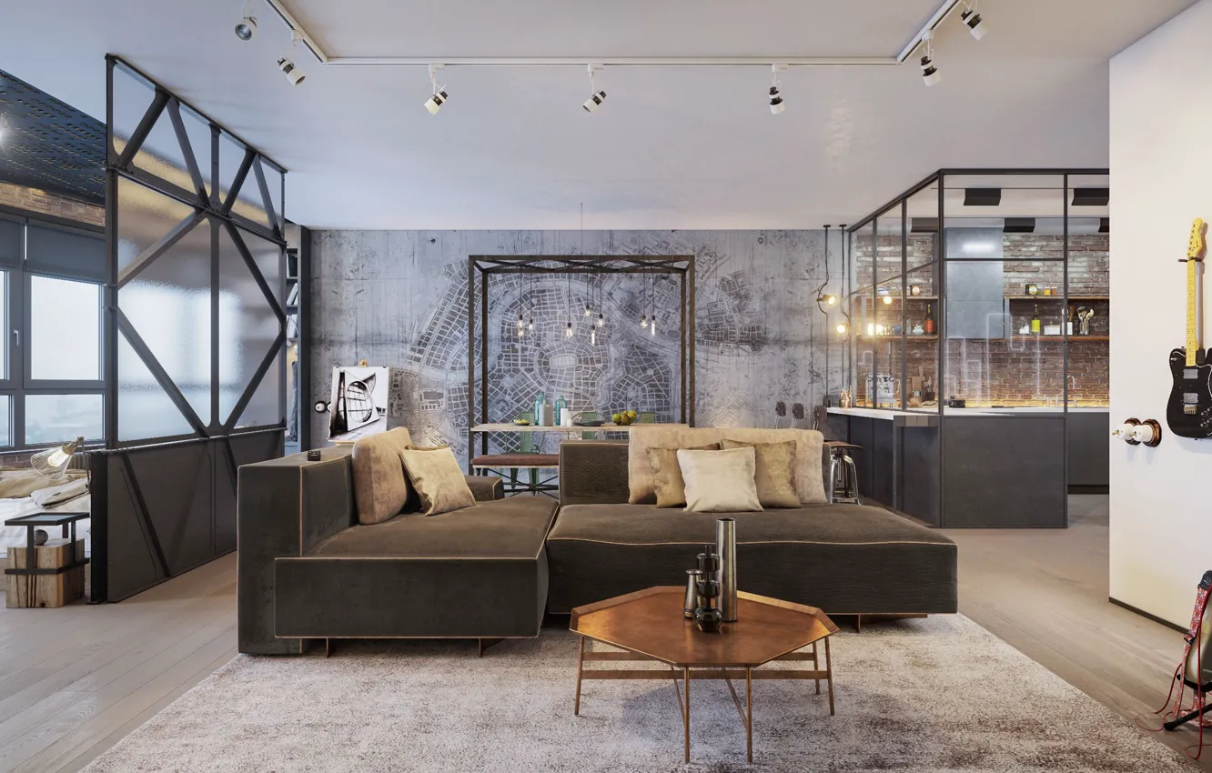 Wallpaper design, interior, kitchen, bedroom, living room, industrial