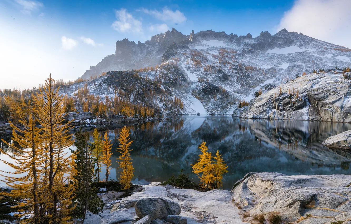 Photo wallpaper autumn, trees, mountains, lake, reflection, Washington, The cascade mountains, Washington State