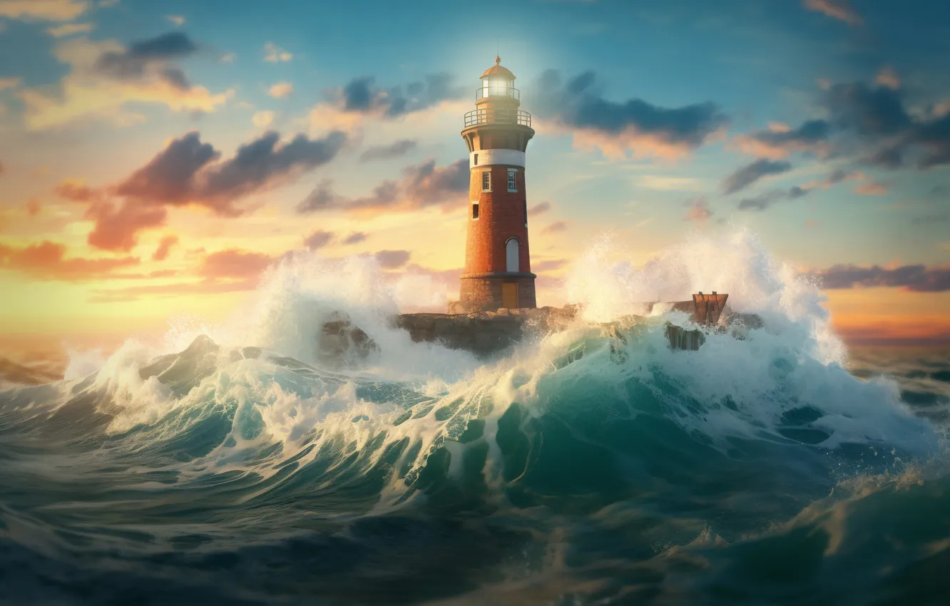 Photo wallpaper wave, lighthouse, digital art, AI art, The Art of Artificial Intelligence, neural network