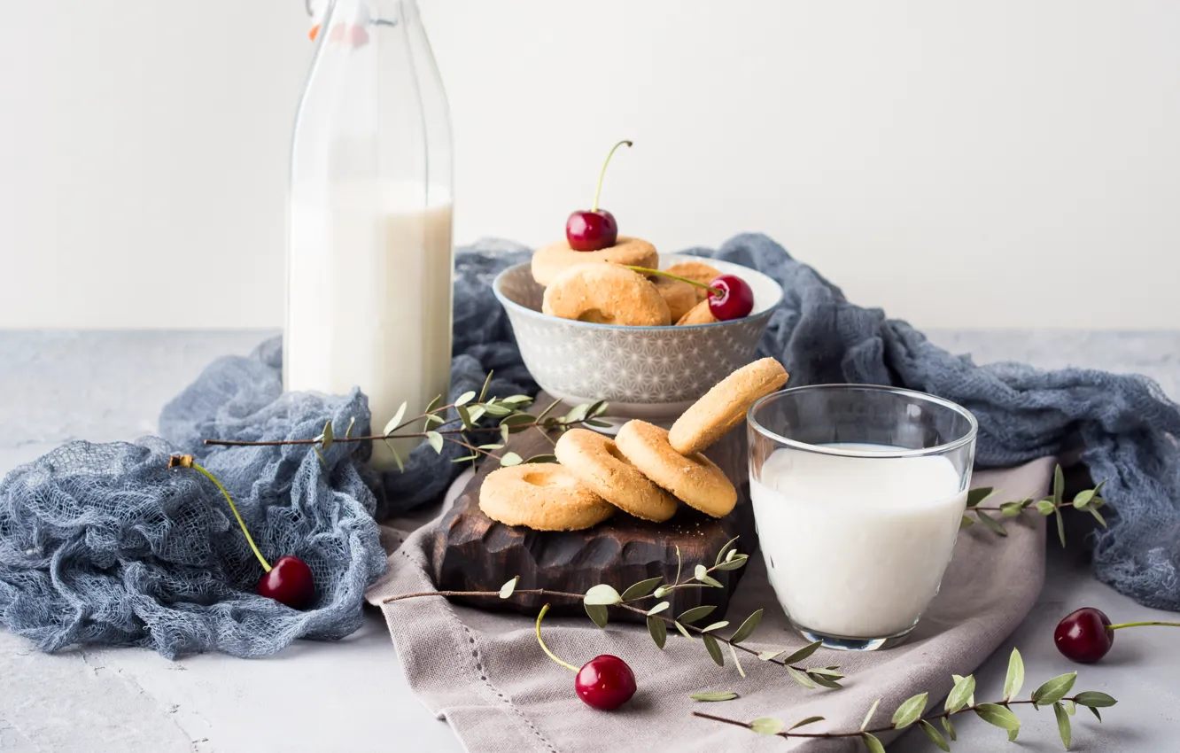 Photo wallpaper glass, bottle, milk, cookies