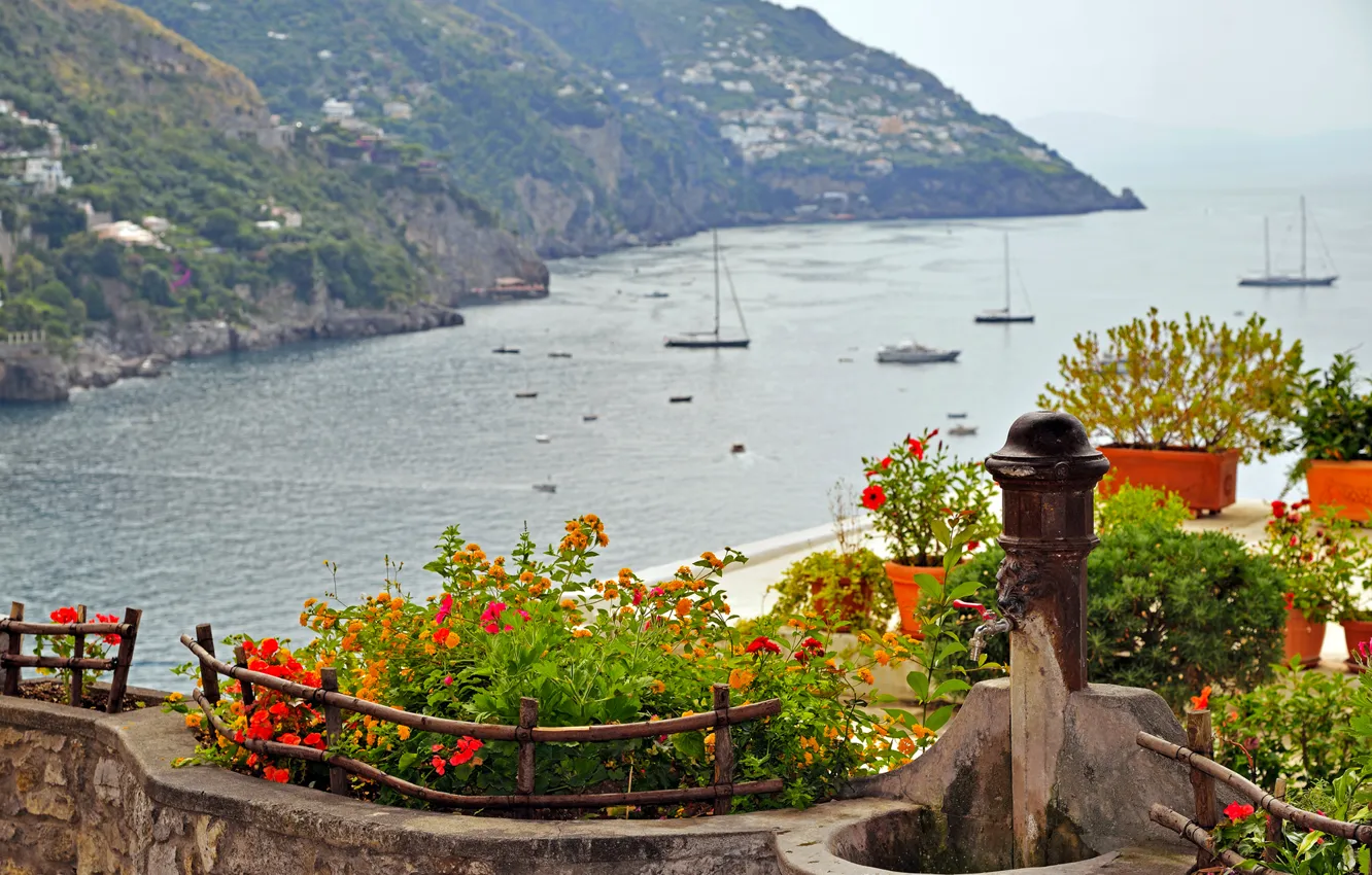 Photo wallpaper sea, flowers, mountains, boat, Italy