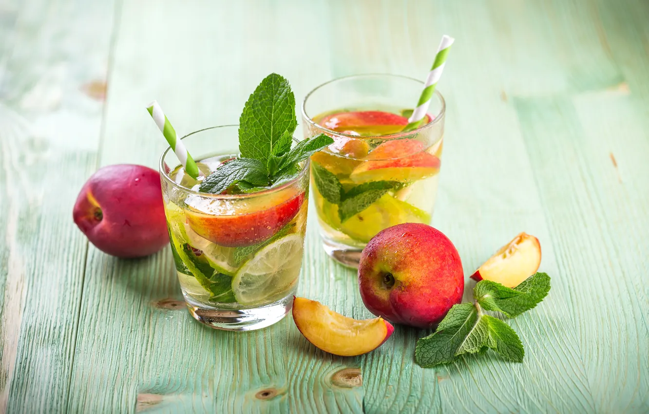 Photo wallpaper glass, lime, drink, peaches, lemonade