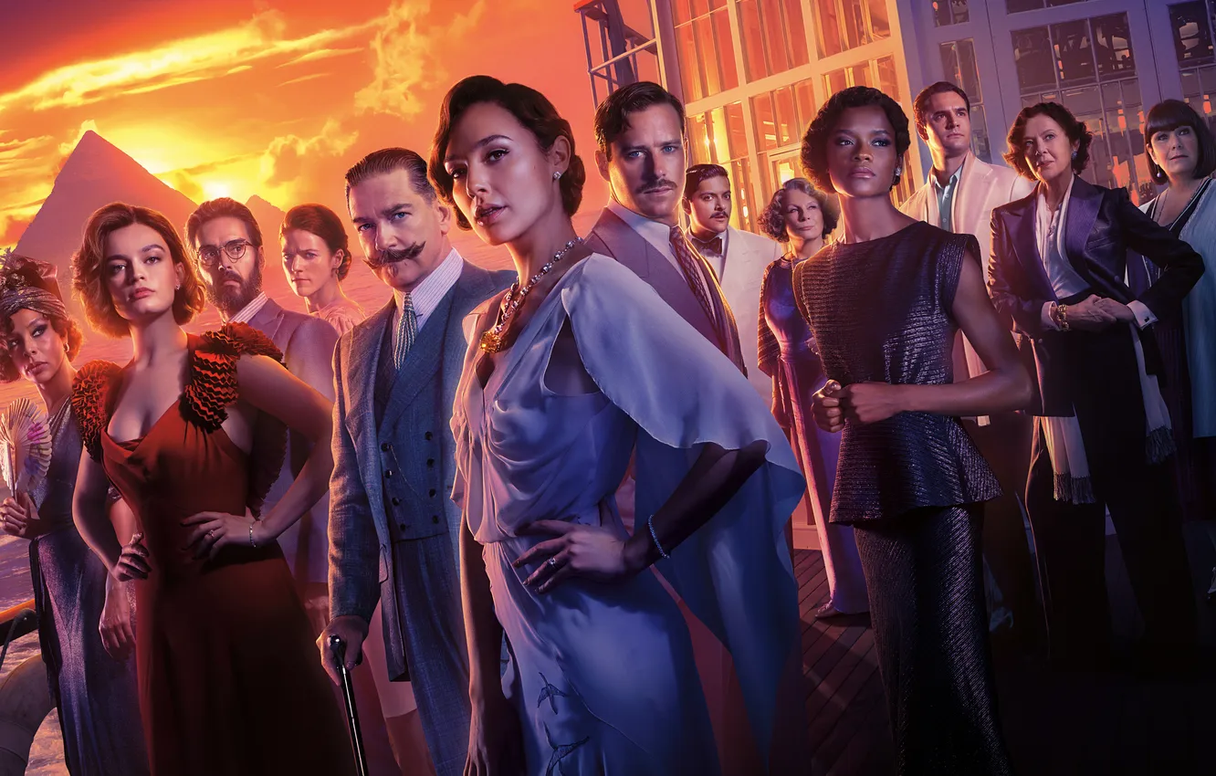 Photo wallpaper landscape, sunset, river, steamer, pyramid, detective, poster, characters