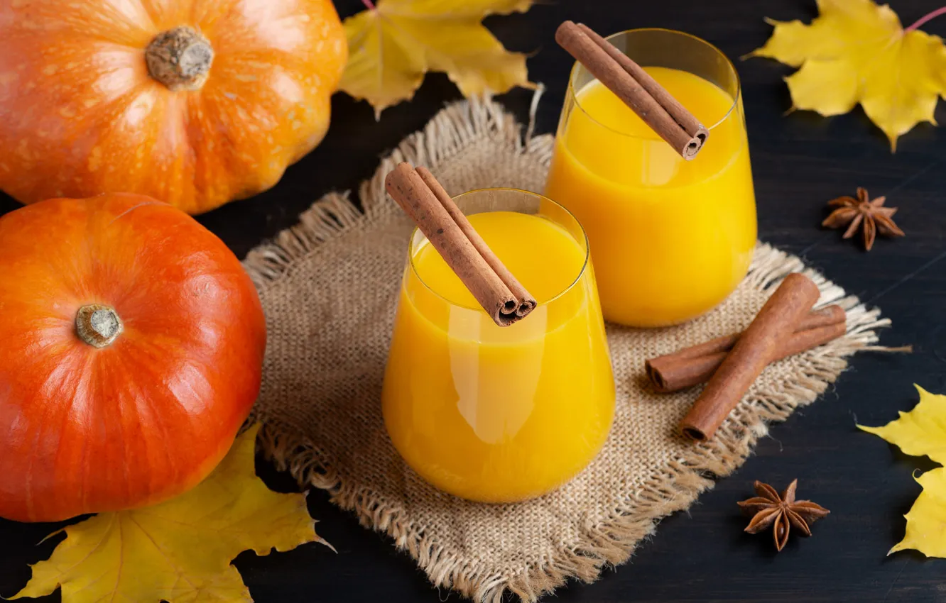 Photo wallpaper autumn, yellow, table, glass, juice, pumpkin, drink, cinnamon