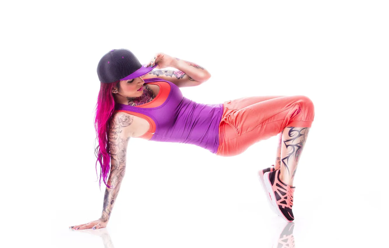 Photo wallpaper girl, pose, style, dance, Mike, tattoo, cap, rnb