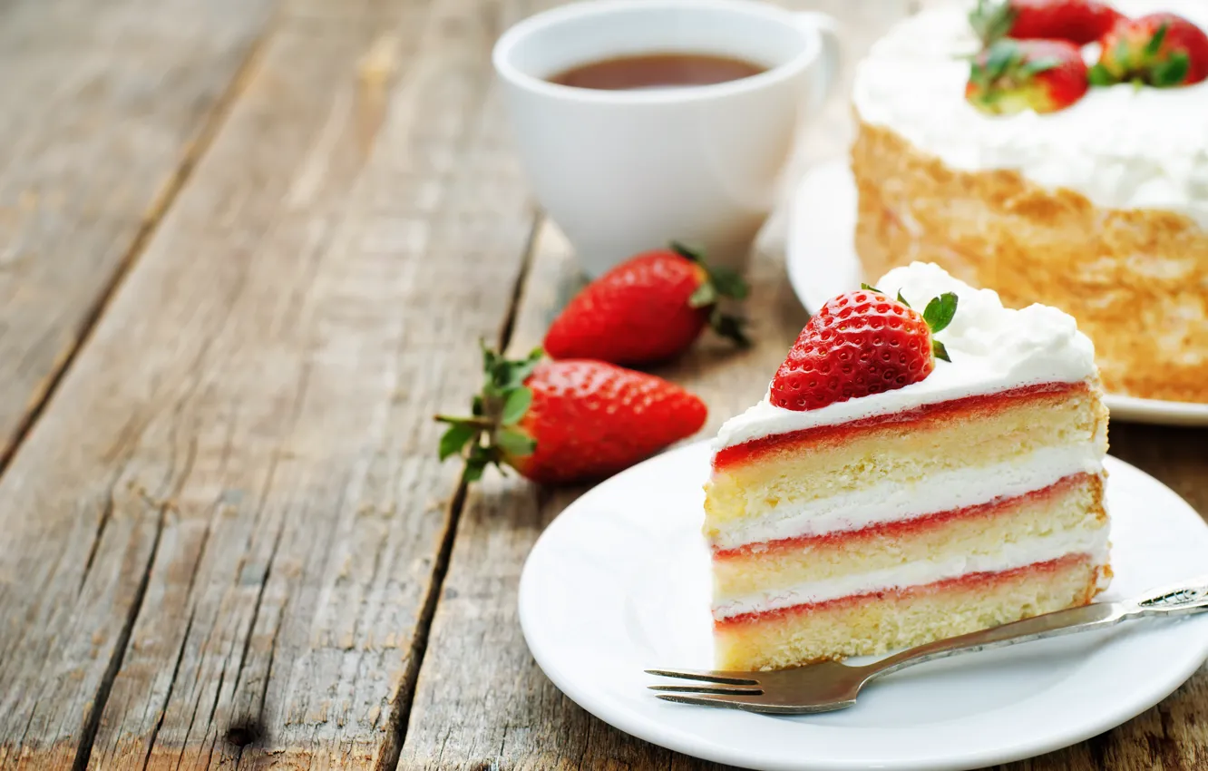 Photo wallpaper tea, cream, strawberry, cake, cream, dessert, sweet