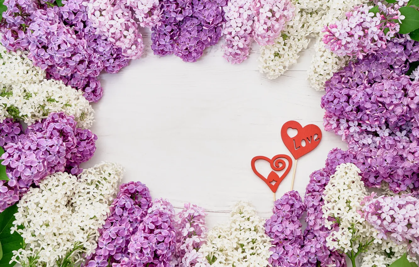 Photo wallpaper flowers, heart, wood, flowers, lilac, romantic, lilac, frame