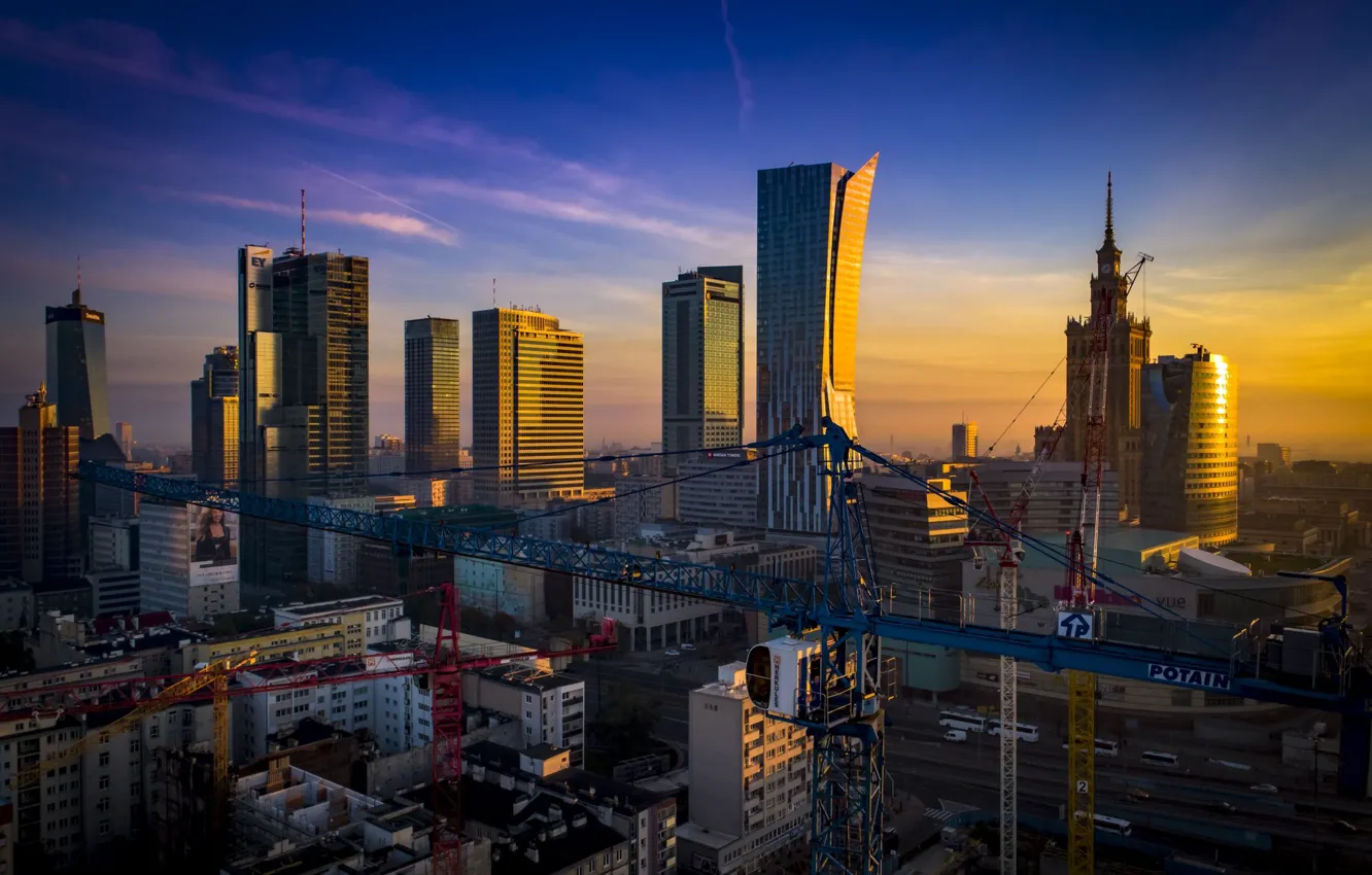 Photo wallpaper night, skyscrapers, Poland, Warsaw