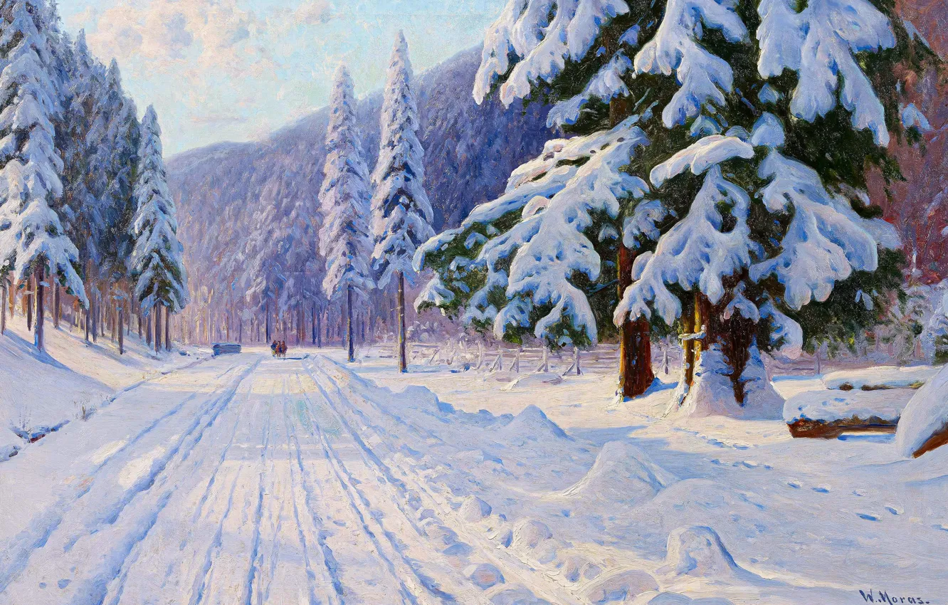Photo wallpaper winter, road, snow, trees, picture, Walter Moras, German painter, Walter Moras