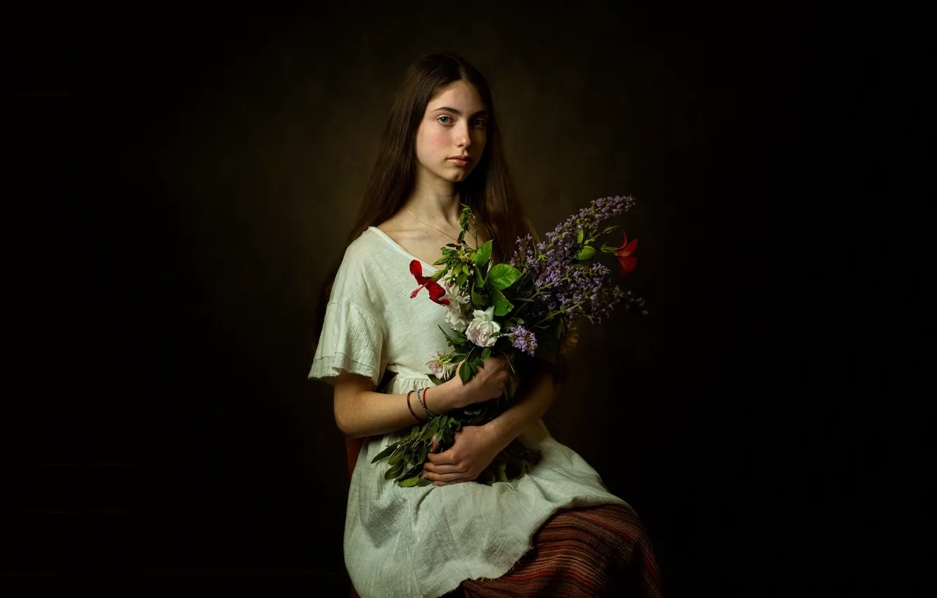 Photo wallpaper look, girl, flowers, pose, background, model, portrait, bouquet