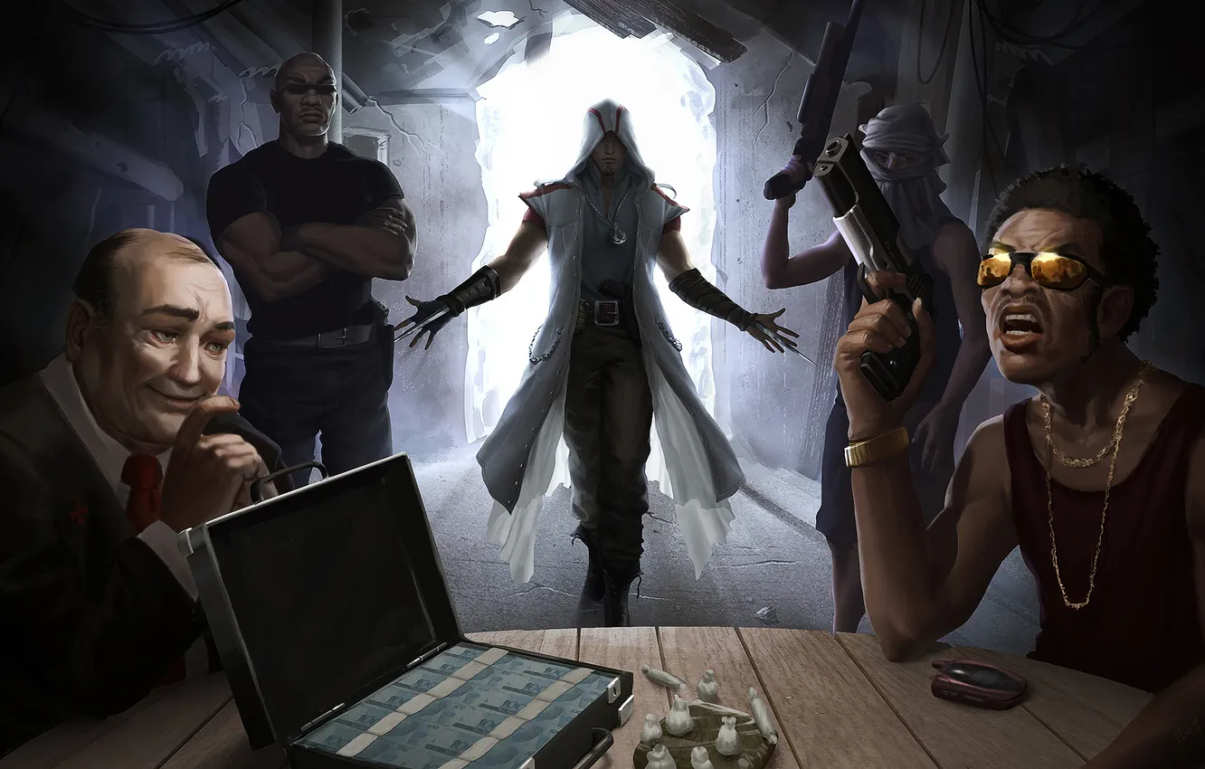 Photo wallpaper money, Assassins Creed, dollars, mafia, case