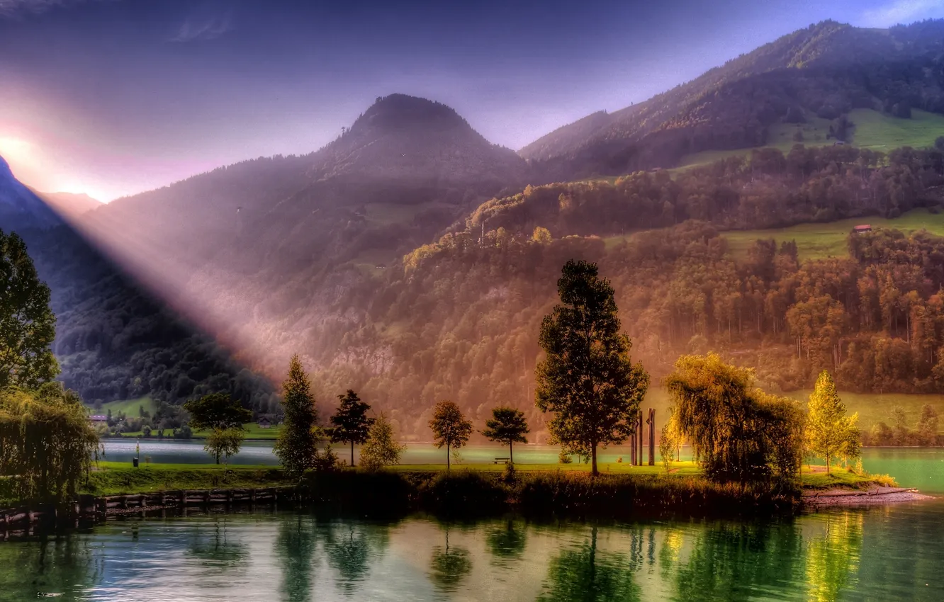 Photo wallpaper the sky, grass, landscape, mountains, nature, lake, Trees, the clouds