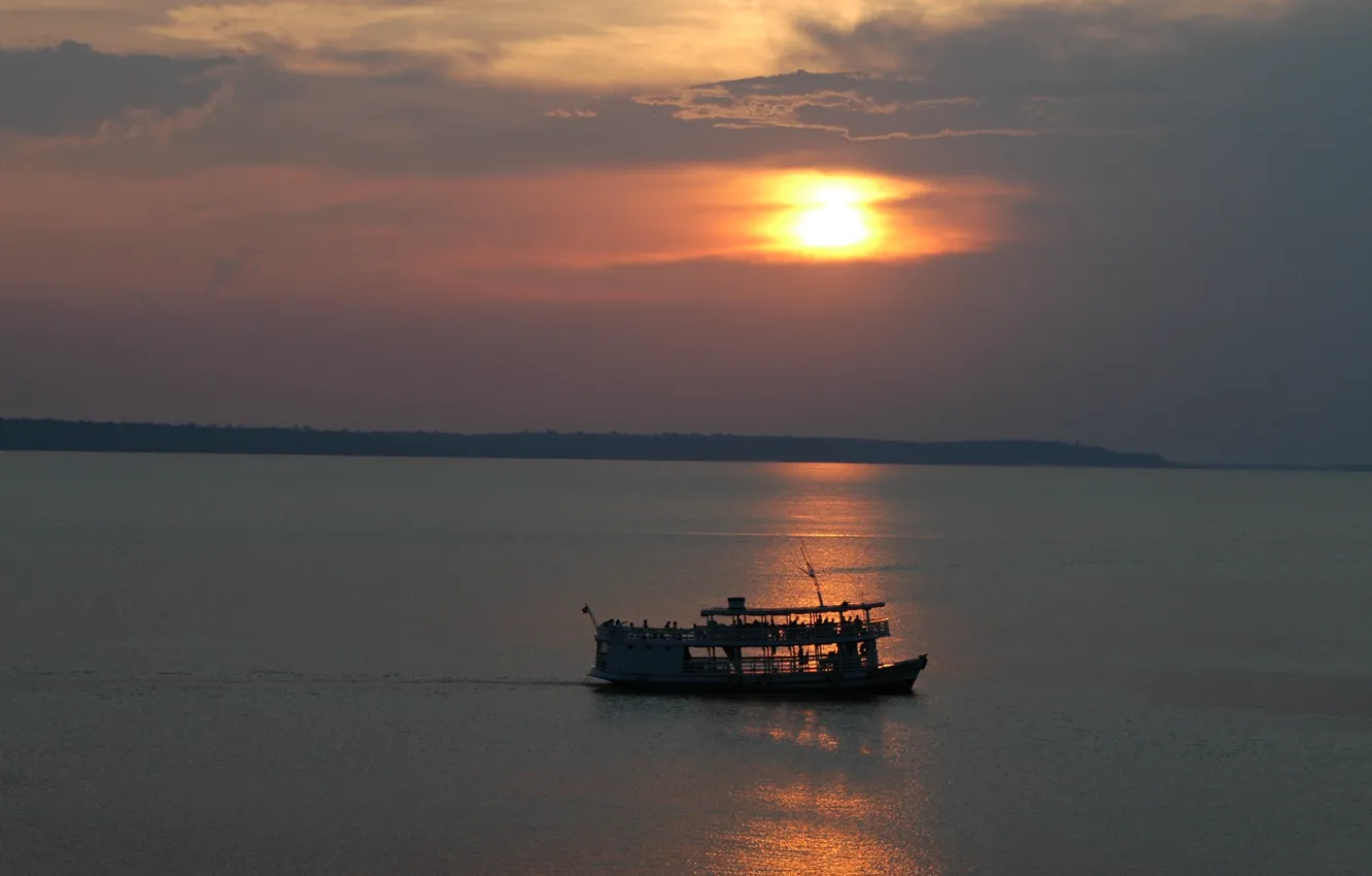 Photo wallpaper river, sunset, boat, amazon