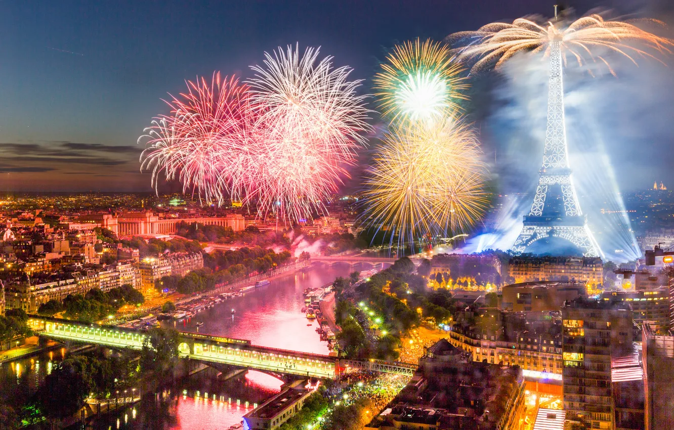 Photo wallpaper France, Paris, tower, salute, fireworks, The Bastille day, 14 Jul 2015