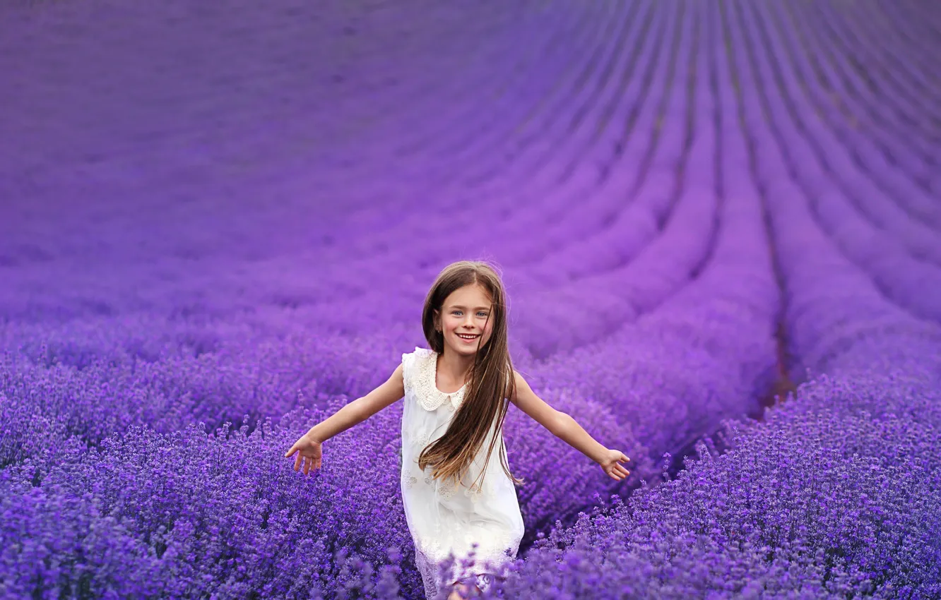 Photo wallpaper field, flowers, nature, girl, lavender