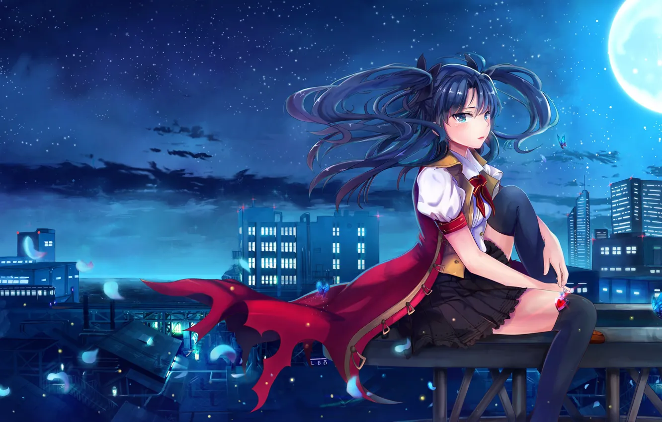 Photo wallpaper girl, night, the city, the moon, Fate stay night, Fate / Stay Night, Tosaka Rin