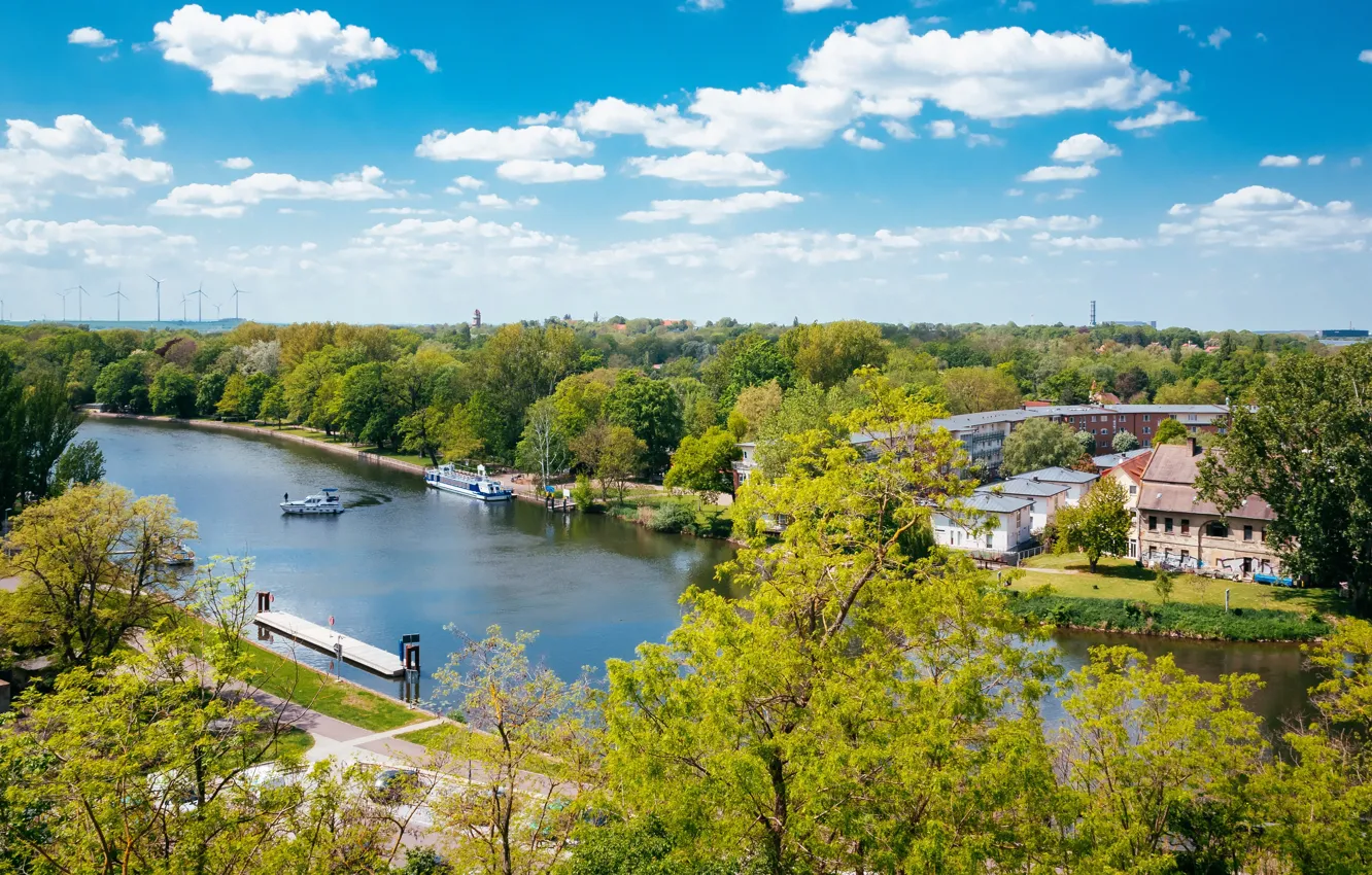 Photo wallpaper the sky, clouds, river, home, Germany, Bernburg