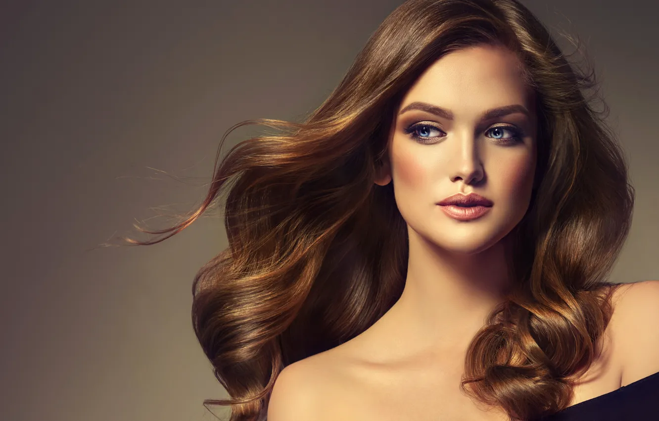 Photo wallpaper look, girl, background, model, hair, portrait, makeup, blue eyes