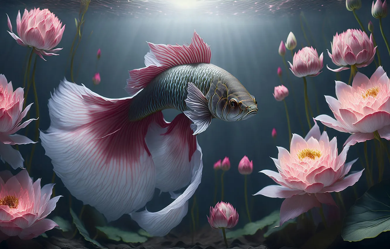 Photo wallpaper light, flowers, fantasy, fish, fish, pink, underwater world, water lilies