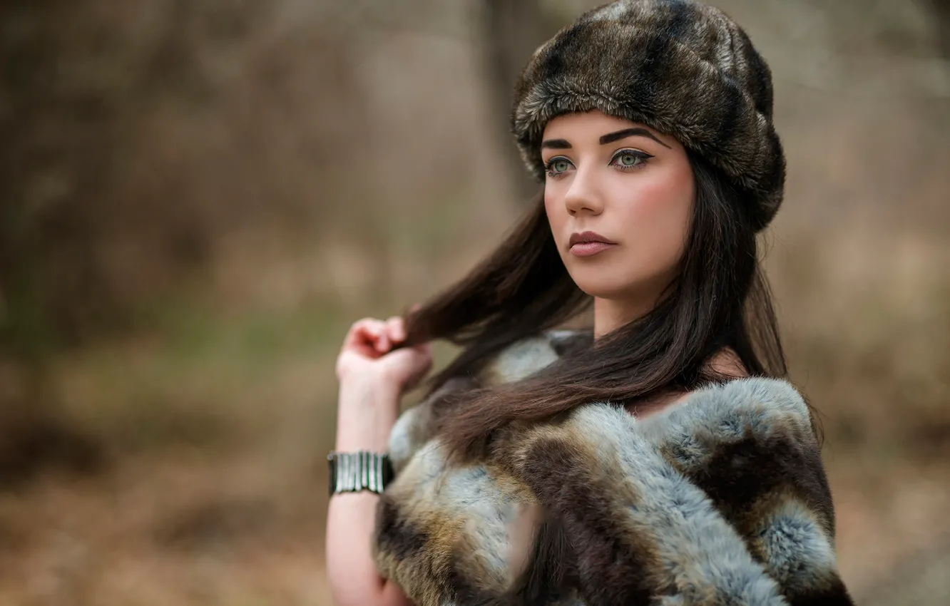 Photo wallpaper girl, face, hat, portrait, makeup, fur, bokeh, Ivan Georgiev
