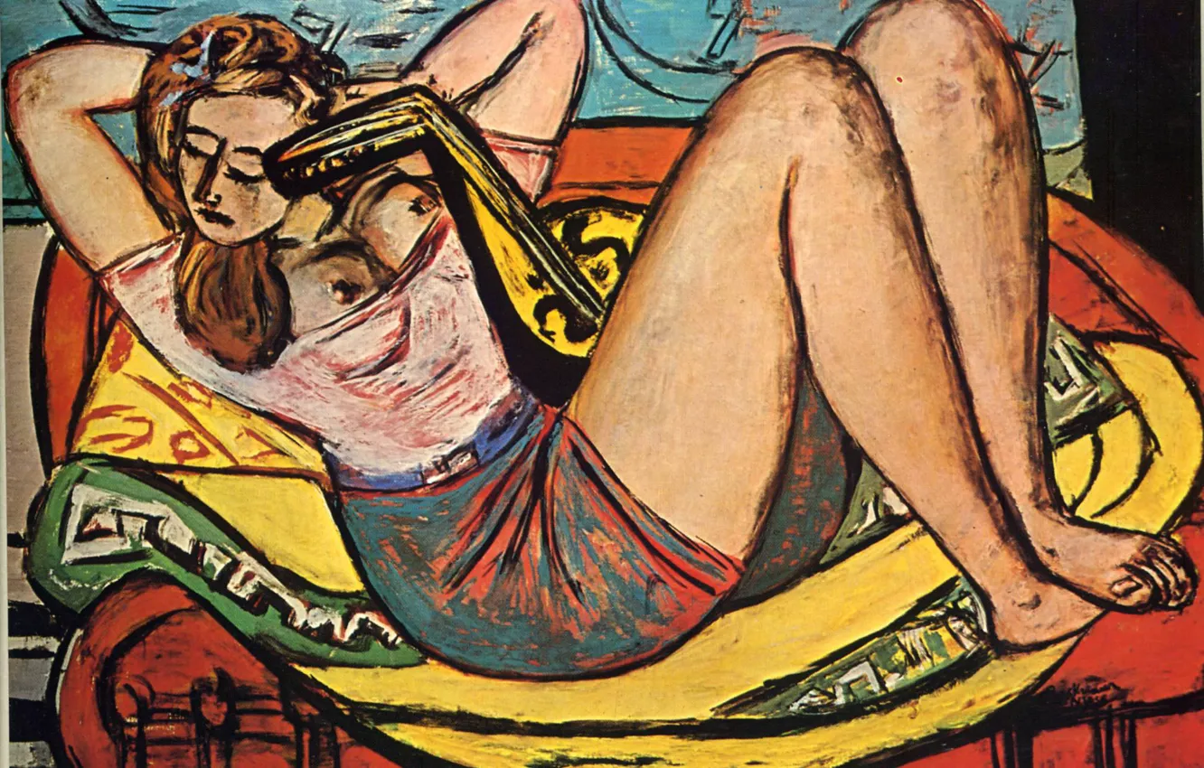 Photo wallpaper chest, chair, 1950, Vanguard, Expressionism, Max Beckmann, Woman with mandolin in yellow and red