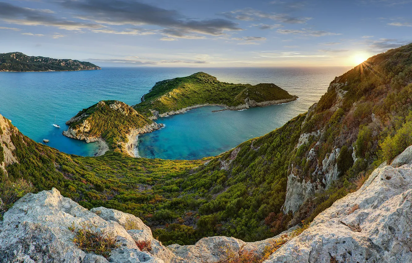Photo wallpaper sea, rocks, shore, vegetation