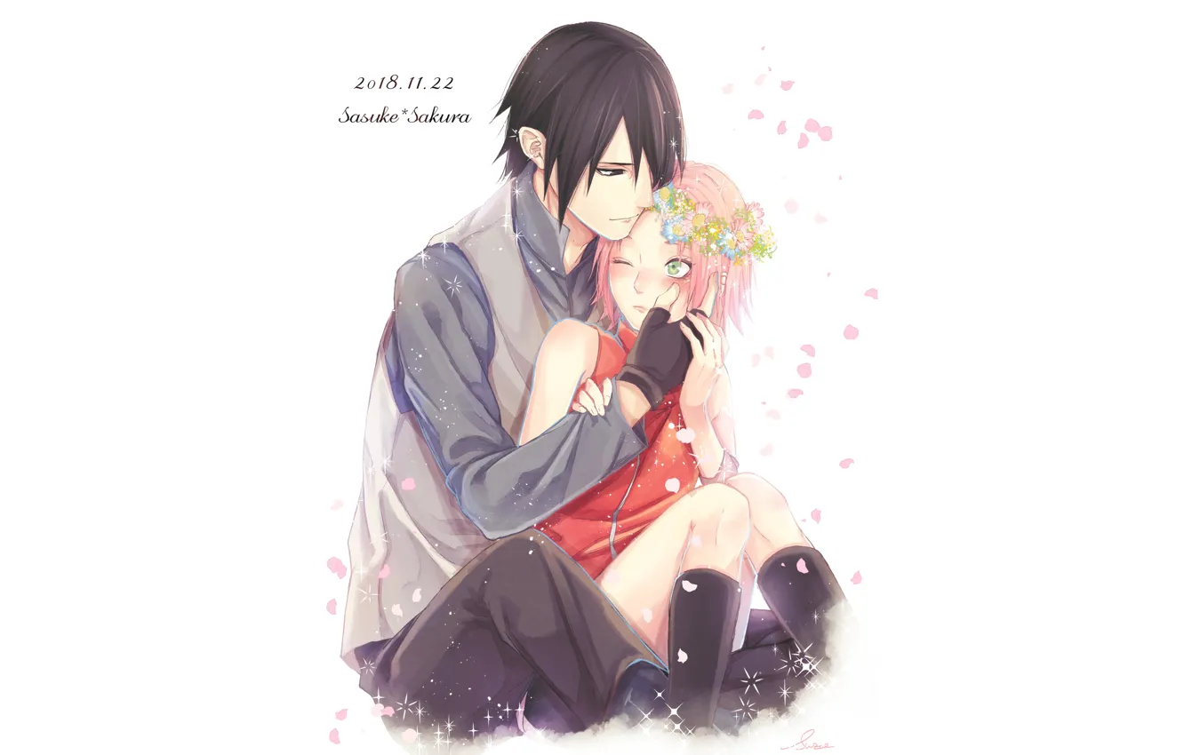 Photo wallpaper romance, pair, Naruto, Naruto, wreath, Sasuke Uchiha, Sakura Haruno