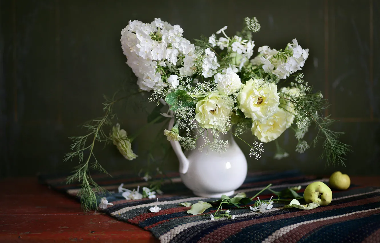 Photo wallpaper flowers, sprig, table, apples, roses, bouquet, petals, Mat