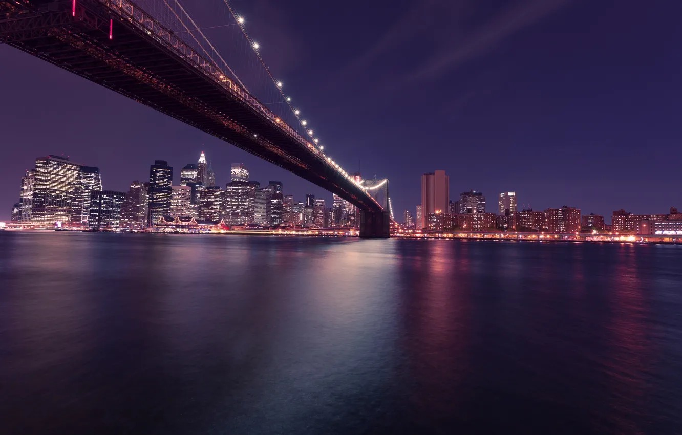 Photo wallpaper night, the city, lights, skyscrapers, USA, USA, Brooklyn bridge, Manhattan