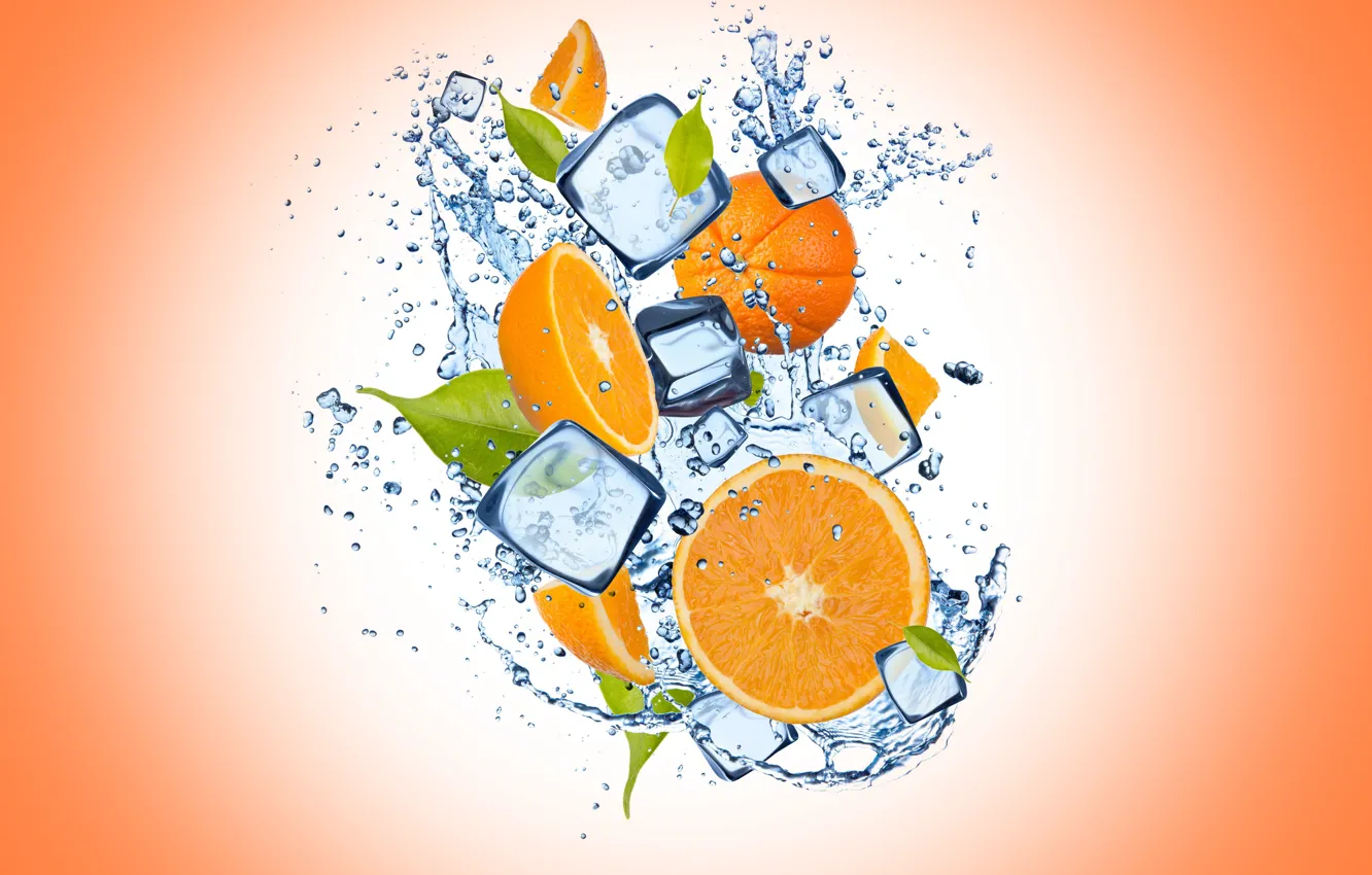 Photo wallpaper ice, water, drops, orange, ice, orange background, water, slices