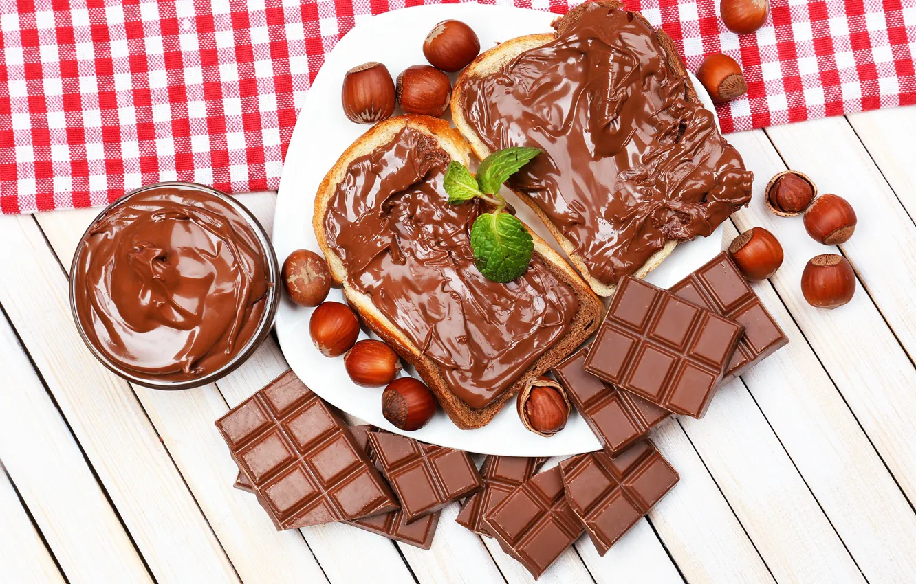 Photo wallpaper chocolate, plate, bread, nuts, sweet, pasta
