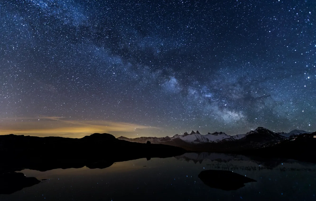 Photo wallpaper the sky, stars, snow, landscape, mountains, night, lake, the milky way