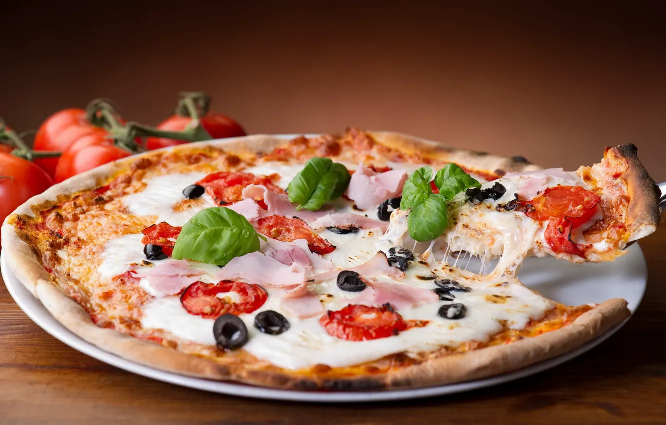 Photo wallpaper cheese, pizza, tomatoes, pizza, dish, olives