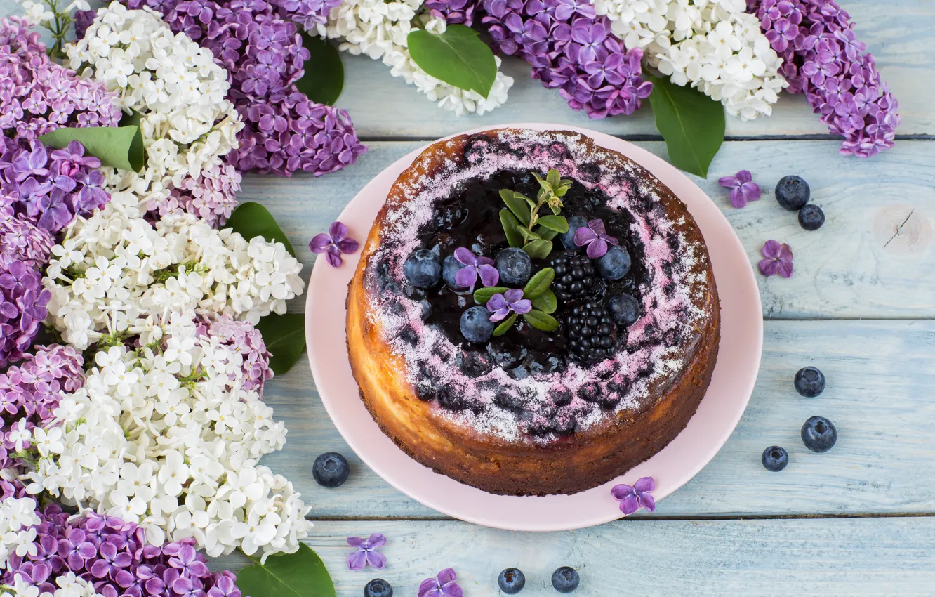 Photo wallpaper berries, pie, lilac, powdered sugar, Julija Vilvarin