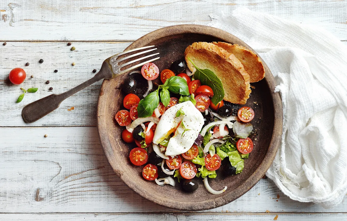 Photo wallpaper Board, bread, tomatoes, Basil