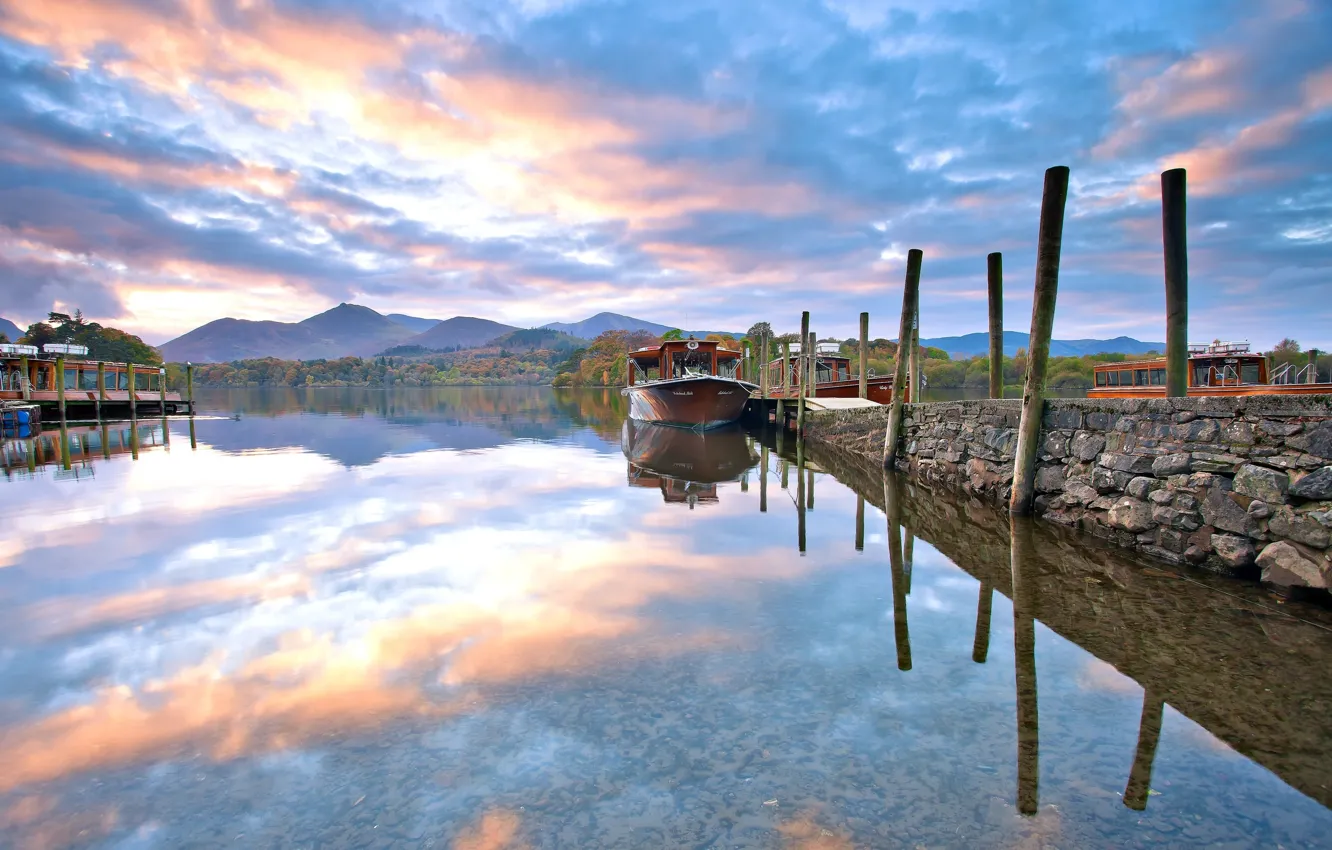 Photo wallpaper autumn, the sky, clouds, landscape, nature, lake, boat
