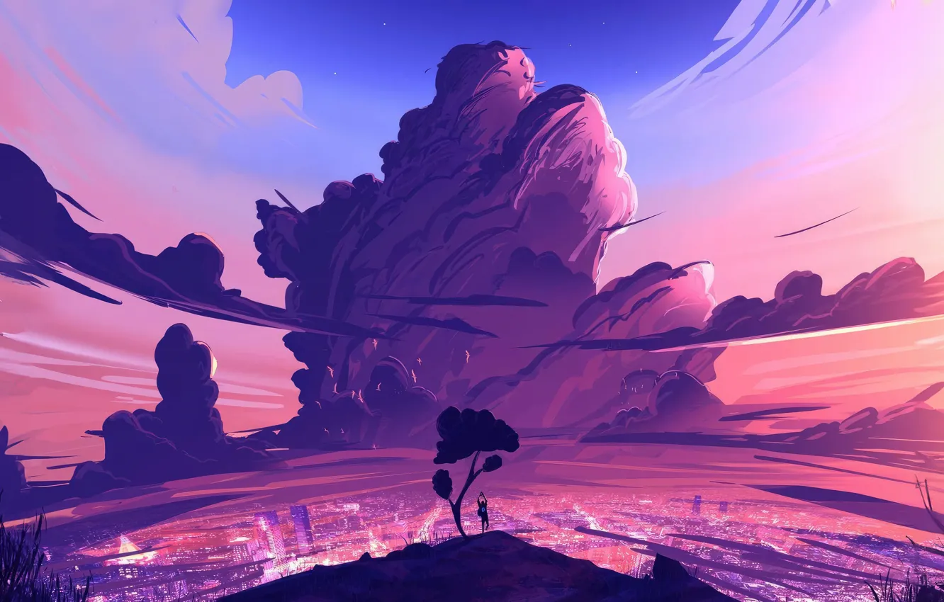 Photo wallpaper clouds, trees, the city, skyscrapers, space, pink, digital art, allegory